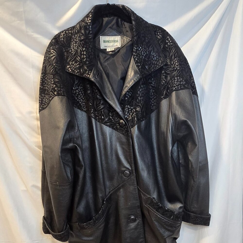 Fitz-Wright Leather Jacket Size Large Button-up Floral Detail